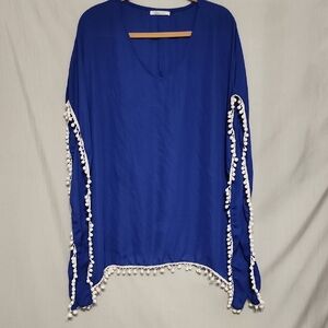 Adreamly Royal Blue Kaftan Cover Up Pom Pom Trim Beach Vacation Resort Wear OSFM